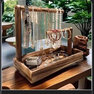 Wooden Jewelry Organizer Stand in Rustic Brown